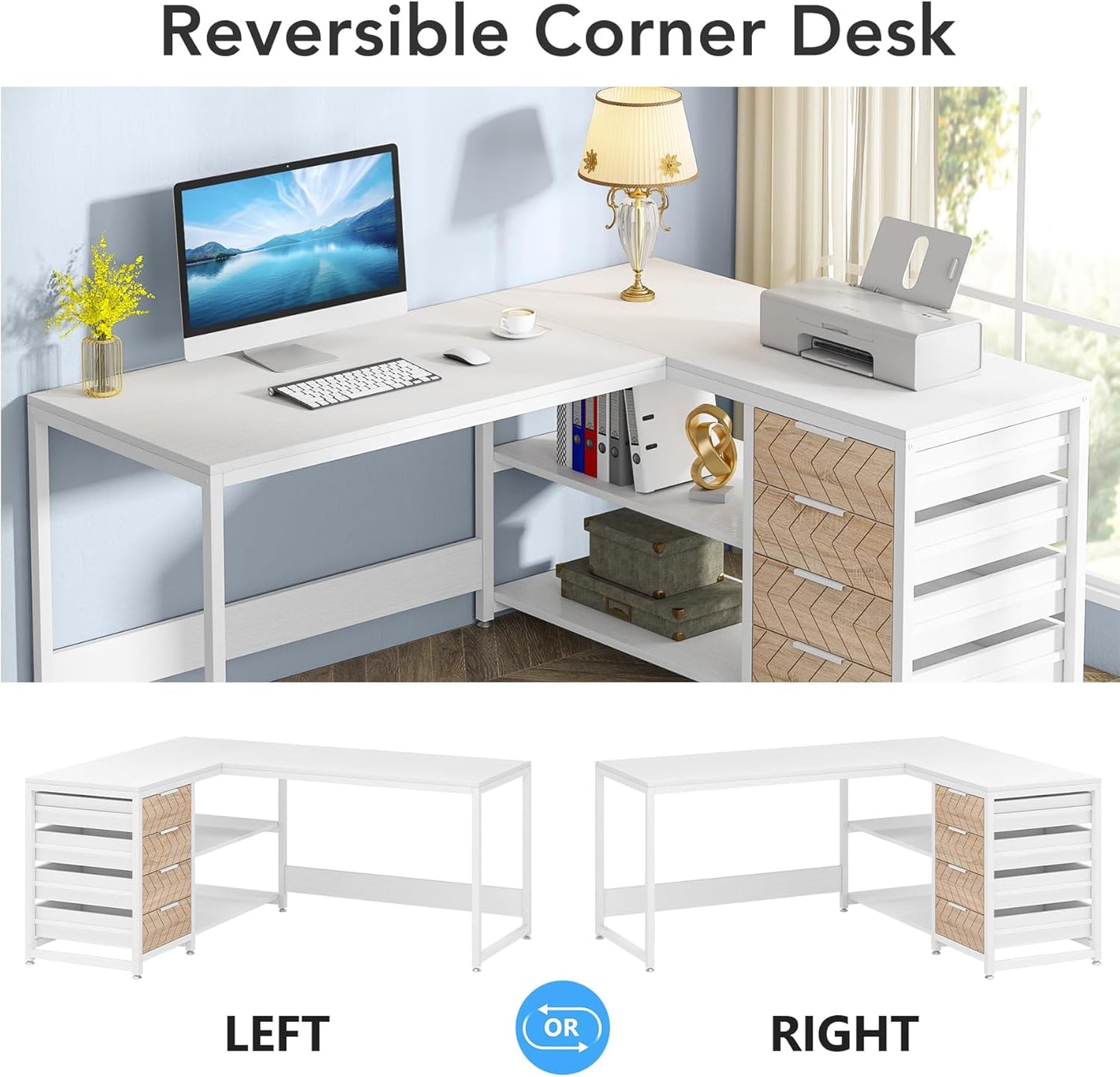 LITTLE TREE 59-Inch L Shaped Desk with Drawers, Large Computer Desk with Storage Shelves, Reversible L-Shaped Corner Desk Workstation for Home Office