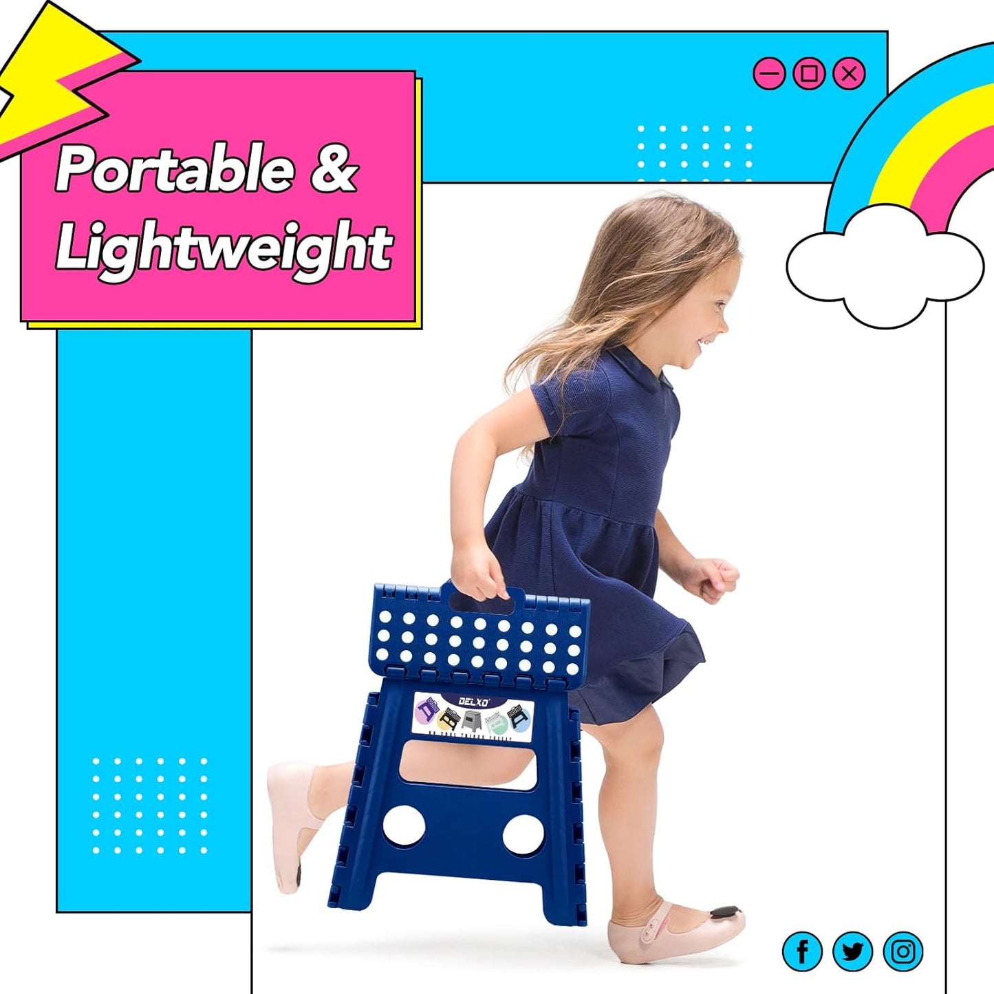 Delxo Folding Step Stool, 13 inch Non-Slip Foldable Stools Up to 300 LBS, Step Stool with Handle, Lightweight for Kitchen, Bathroom, Bedroom, Garden, Blue, 1PC