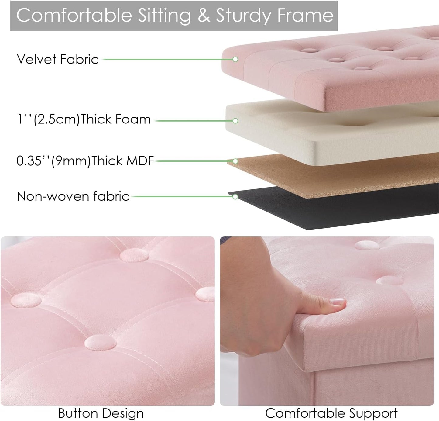 PRANDOM Ottoman with Storage [1-Pack] Velvet Folding Small Square Foot Stool with Lid for Living Room Bedroom Coffee Table Dorm Pink 17x13x13 inches