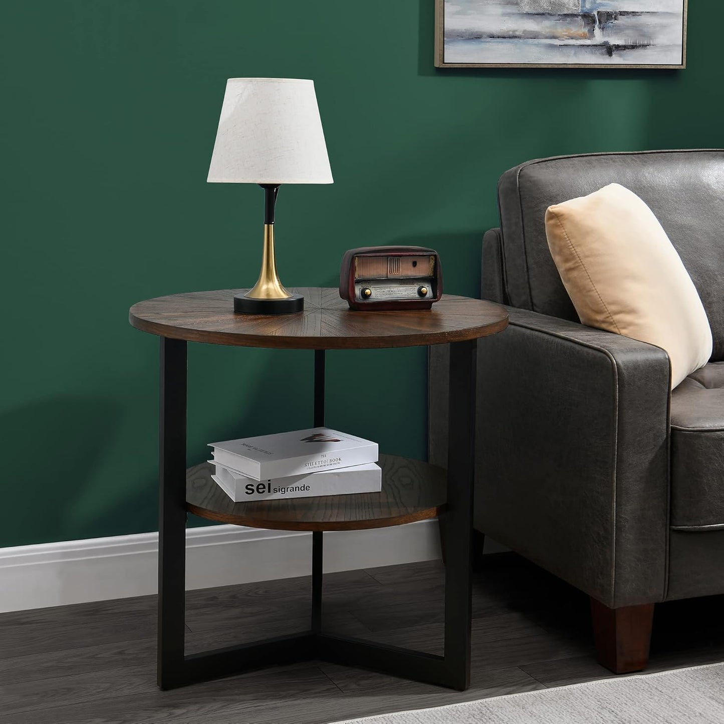 LEEMTORIG Round Side Table, Large 2-Tier End Table Nightstand with Metal Legs, Modern Bedside Couch Table for Living Room, Bedroom, Office, Rustic Brown/Black, 25.2 x 25.2 x 24 inches CJZ-1338-NC