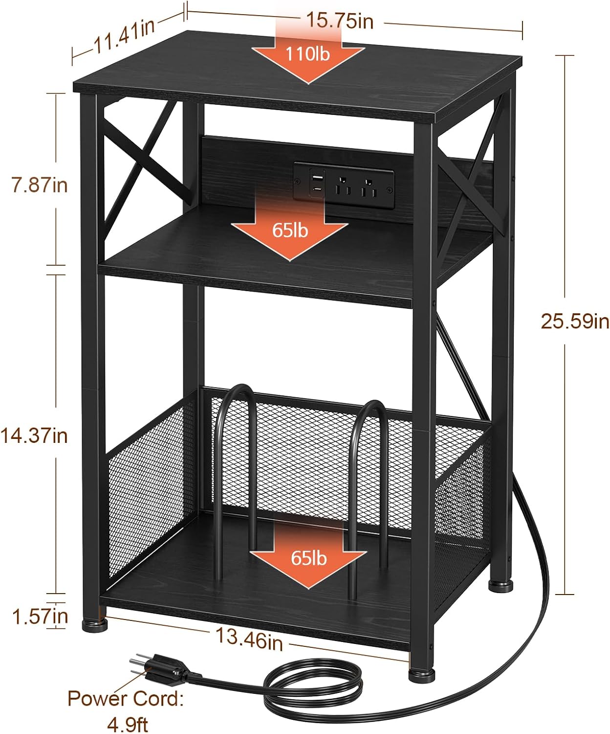 AMHANCIBLE Record Player Stand with Charging Station, Turntable Stand with Storage Cabinet, 3 Tier End Table Hold Up to 100 Albums, Record Stand for Vinyl, Living Room, Black, HETCD01BK-1