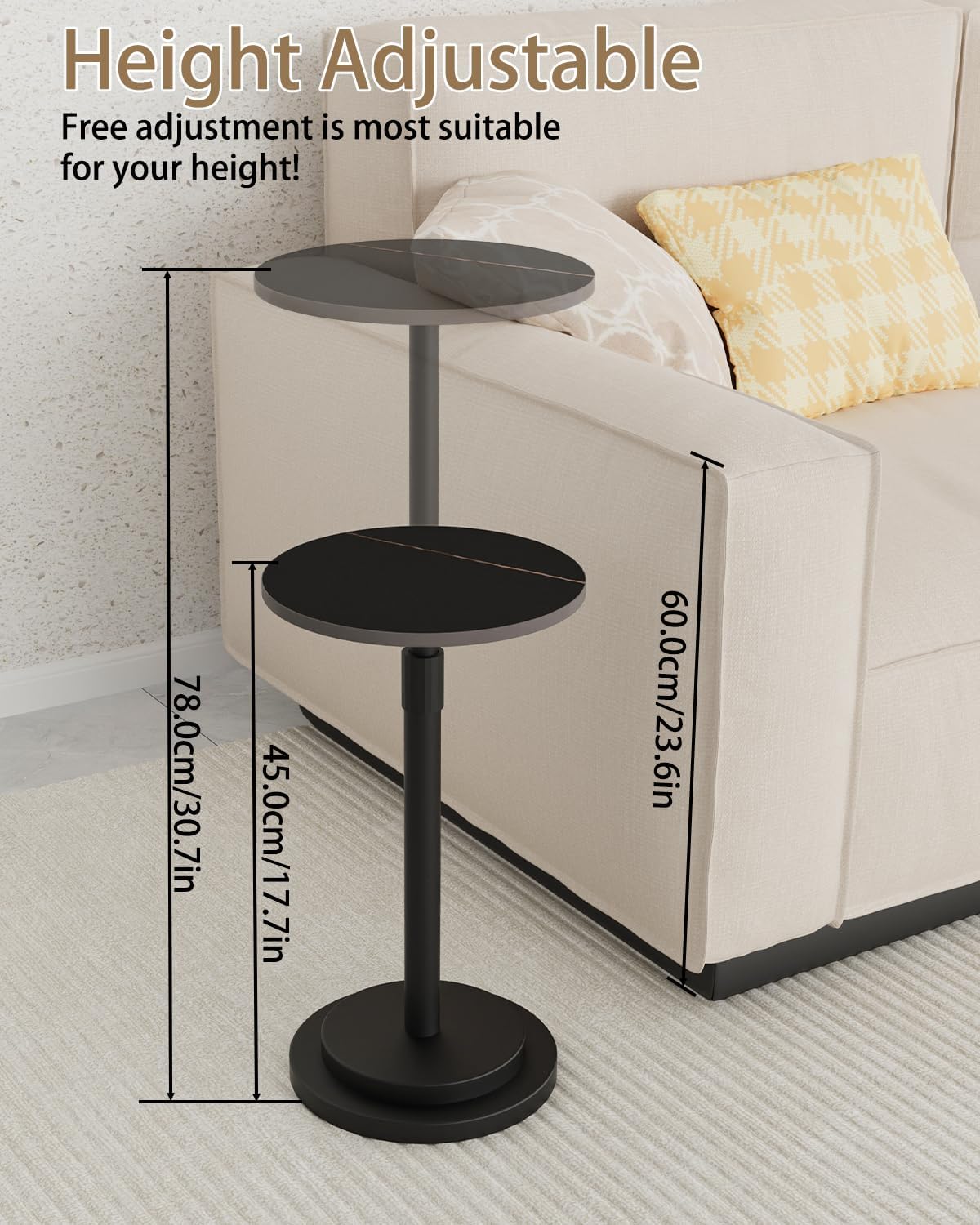 Height Adjustable Drink Table, Vintage Round Indoor Metal Plant Stand, for Small Spaces, Living Room, Bedroom, Cocktail, 1 Pack, Black, GBZ001CB-1