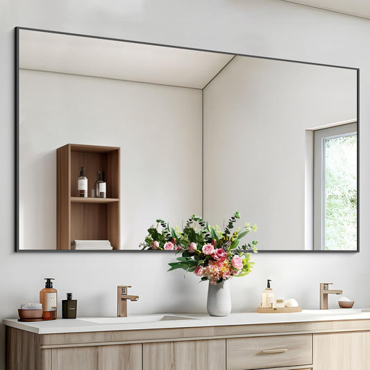 Black Bathroom Mirror for Wall, 55x30 Inch Rectangle Mirrors with Metal Frame, Modern Vanity Wall Mirror Decor for Bathroom Living Room, Entryway Hangs Horizontal or Vertical