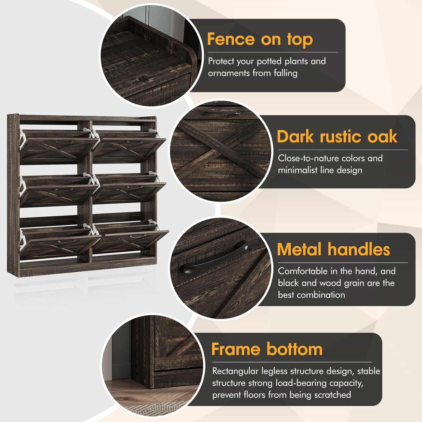 Maupvit Large Shoe Storage Cabinet with 6 Flip Drawers, Freestanding Shoe Organizer with Metal Handles for Entryway, Narrow Shoe Rack Cabinet, Dark Rustic Oak