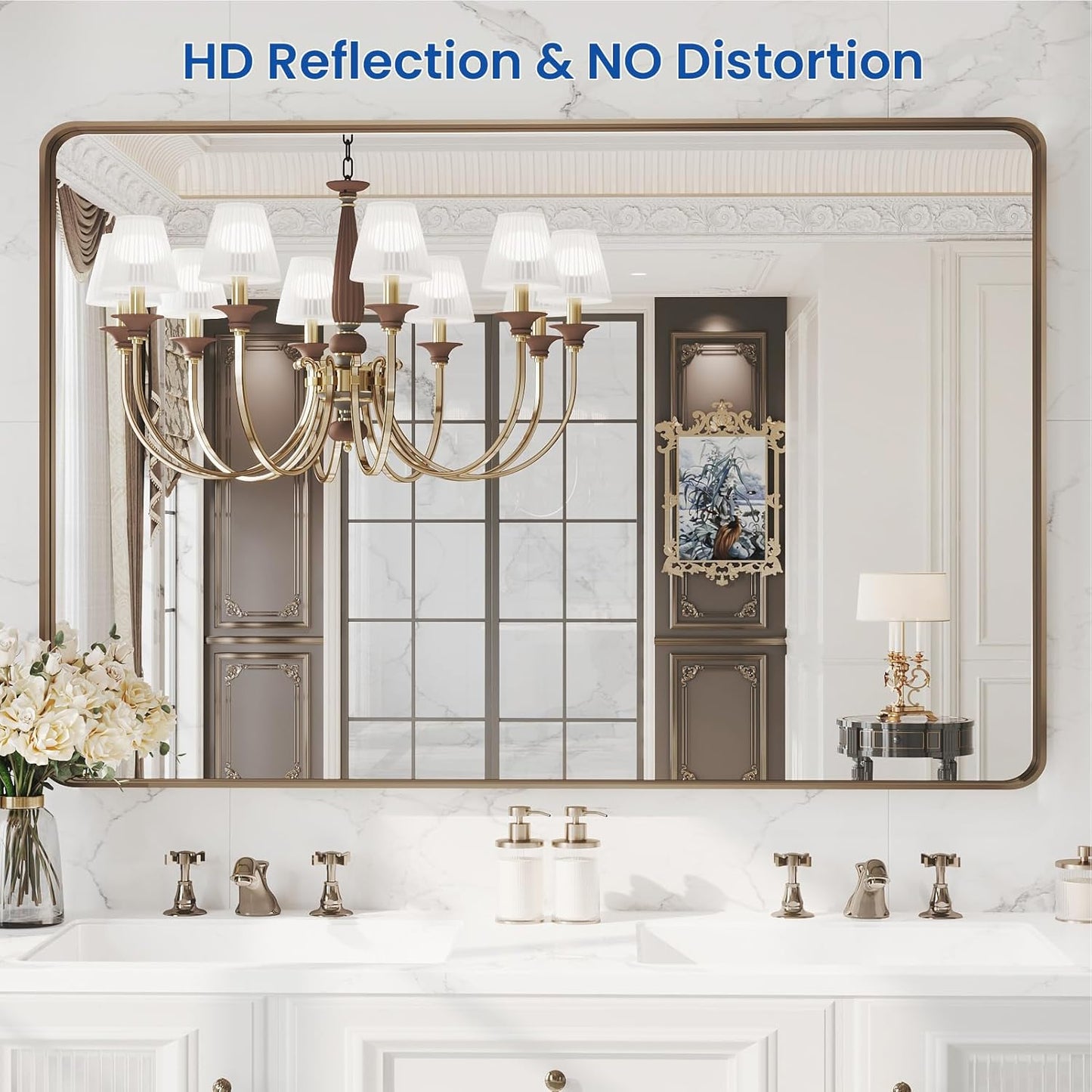 WEER 48x32 Inch Bronze Bathroom Mirror for Vanity, Brushed Bronze Metal Frame Mirror for Wall, Rounded Rectangle Bronze Frame Mirror with Tempered Glass, Anti-Rust (Horizontal/Vertical)