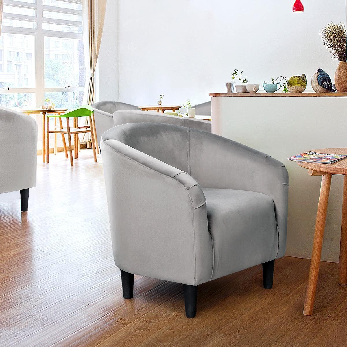 Yaheetech Living Room Chair, Velvet Accent Upholstered Barrel Sitting Chair with Armrest and Low Back for Bedroom, Grey