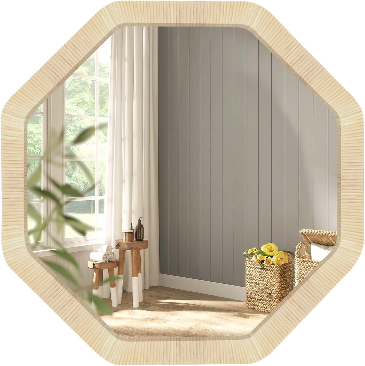 ULIKE Rattan Mirror for Wall, Bathroom 30 Inch Rustic Farmhouse Wall Decor with Handmade Wicker Frame, Boho Woven Mirror for Nursery Bedroom Living Room Entryway