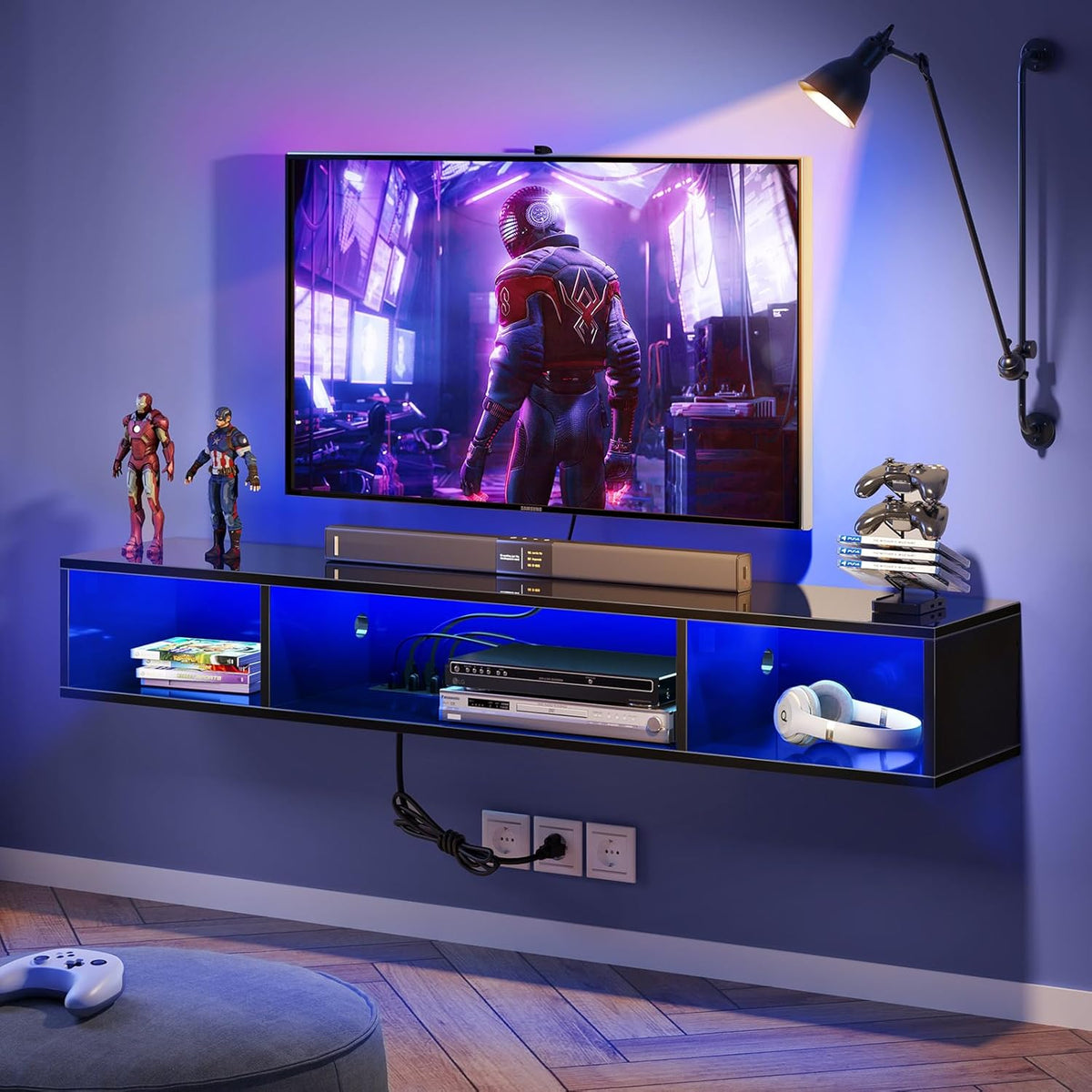 Rolanstar TV Stand with Power Outlet, Floating TV Stand with RGB Lights, 55.1" Wall Mounted TV Shelf, Glossy Black Media Console with Storage Shelf, Entertainment Under TV for Living Room, Bedroom