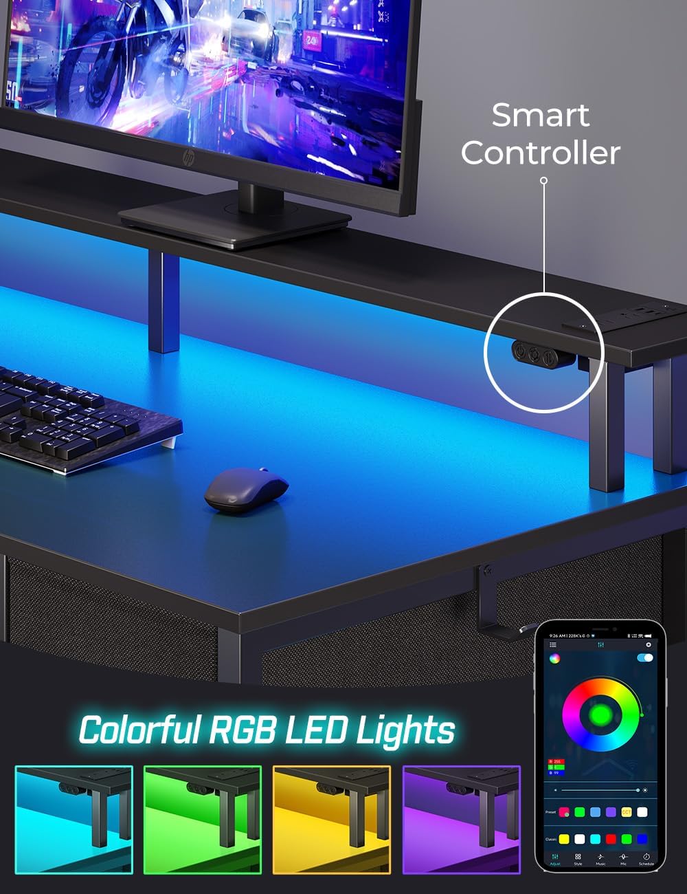 Seventable Computer Desk with Power Outlets & LED Light, 55 inch Home Office Desk with 5 Drawers, Writing Desk with Monitor Stand, Work Desk for Home Office, Black