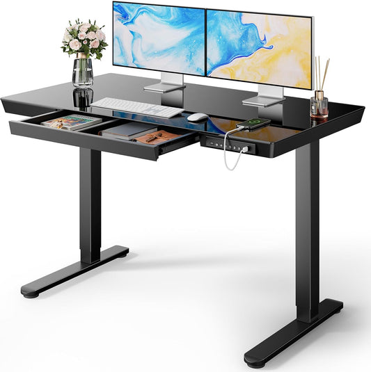 Marsail Glass Standing Desk with Drawer, 48 x 24 inch Electric Standing Desk, Height Adjustable Desk with One-Piece Tabletop & USB Charging Ports, Sit Stand Desk with Storage for Home & Office Black