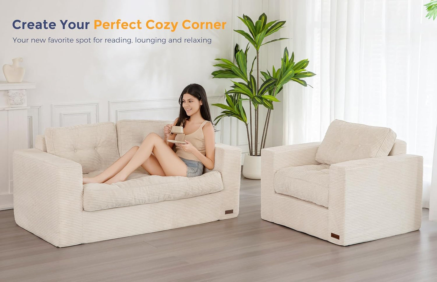 MAXYOYO Living Room Chair for Adults, Upholstered Floor Sofa with Armrests, Boneless Chair with Tufted Cushion & Backrest, Sofa in A Box, Bean Bag Couch for Bedroom Living Room, Dorm, Beige