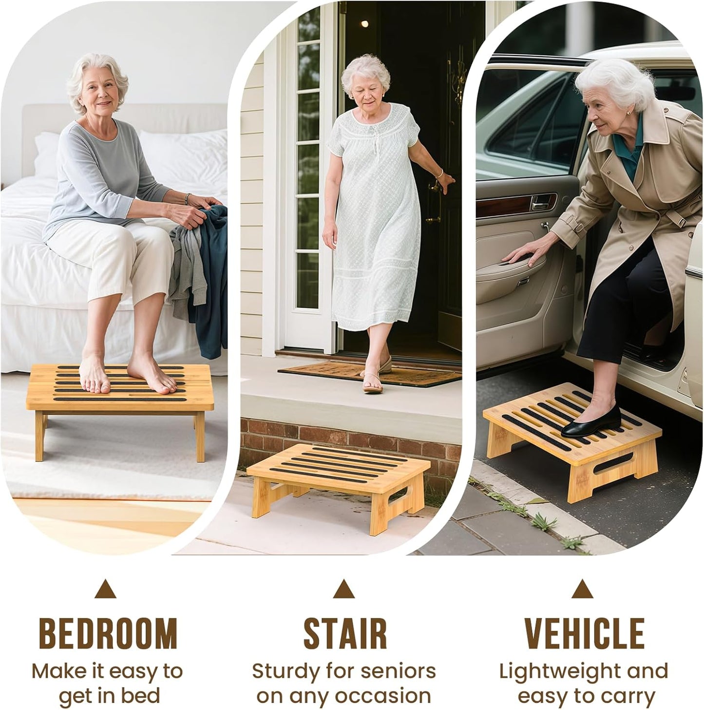 One Step Stool for Adults Seniors and Kids with Non-Slip Surface, Natural Bamboo Stepping Stools for High Bed, Bathroom and Kitchen, Hold Up to 450 LBS, Lightweight, Waterproof, Easy to Install