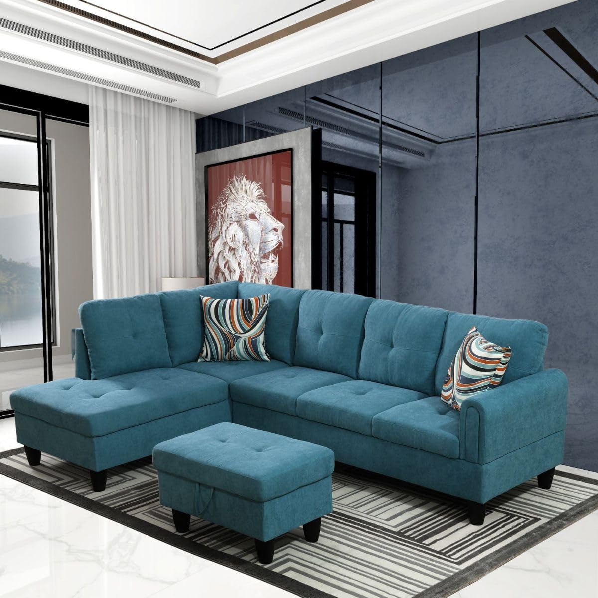 Green L-Shaped 3-Piece Flannel Sofa with Storage Ottoman Set, Sectional Couch Sofa Set for Living Room, Office, Small Space