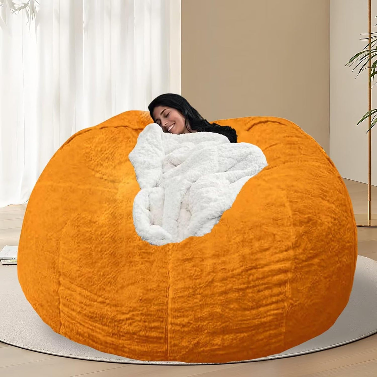 BCU Oversized Bean Bag Cover Comfy Beanbag Chair for Adults Without Filler Faux Fur Floor Chair Lazy Sofa Cover Comfy for Living Room Chairs, Orange, 5FT
