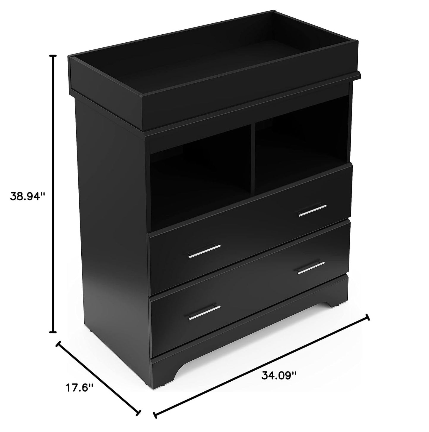 Storkcraft Brookside 2 Drawer Changing Table Dresser (Black) – GREENGUARD Gold Certified, Easy-to-Match Chest of Drawers and Cubbies for Nursery and Kids Bedroom, Includes Changing Table Topper