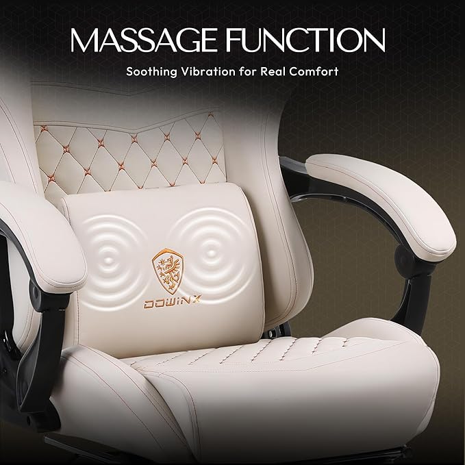 Dowinx Gaming Chair Big and Tall, Ergonomic Computer Chair with Footrest and Massage Lumbar Support, High Back Comfortable Gamer Chair for Adults 350Lbs PU Leather for Office Game, Ivory