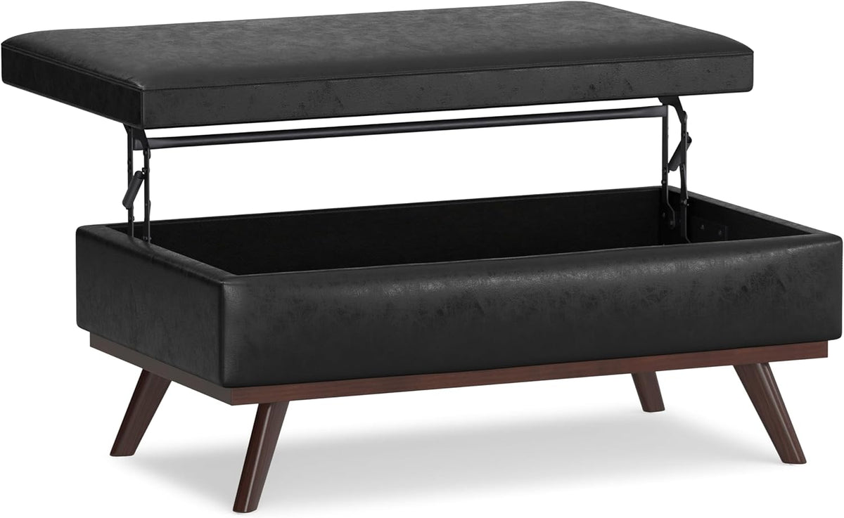 SIMPLIHOME Owen 42 inch Wide Mid Century Modern Rectangle Lift Top Large Coffee Table Storage Ottoman in Distressed Black Vegan Faux Leather, Assembled, for the Living Room, Entryway and Family Room