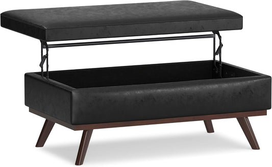 SIMPLIHOME Owen 42 inch Wide Mid Century Modern Rectangle Lift Top Large Coffee Table Storage Ottoman in Distressed Black Vegan Faux Leather, Assembled, for the Living Room, Entryway and Family Room