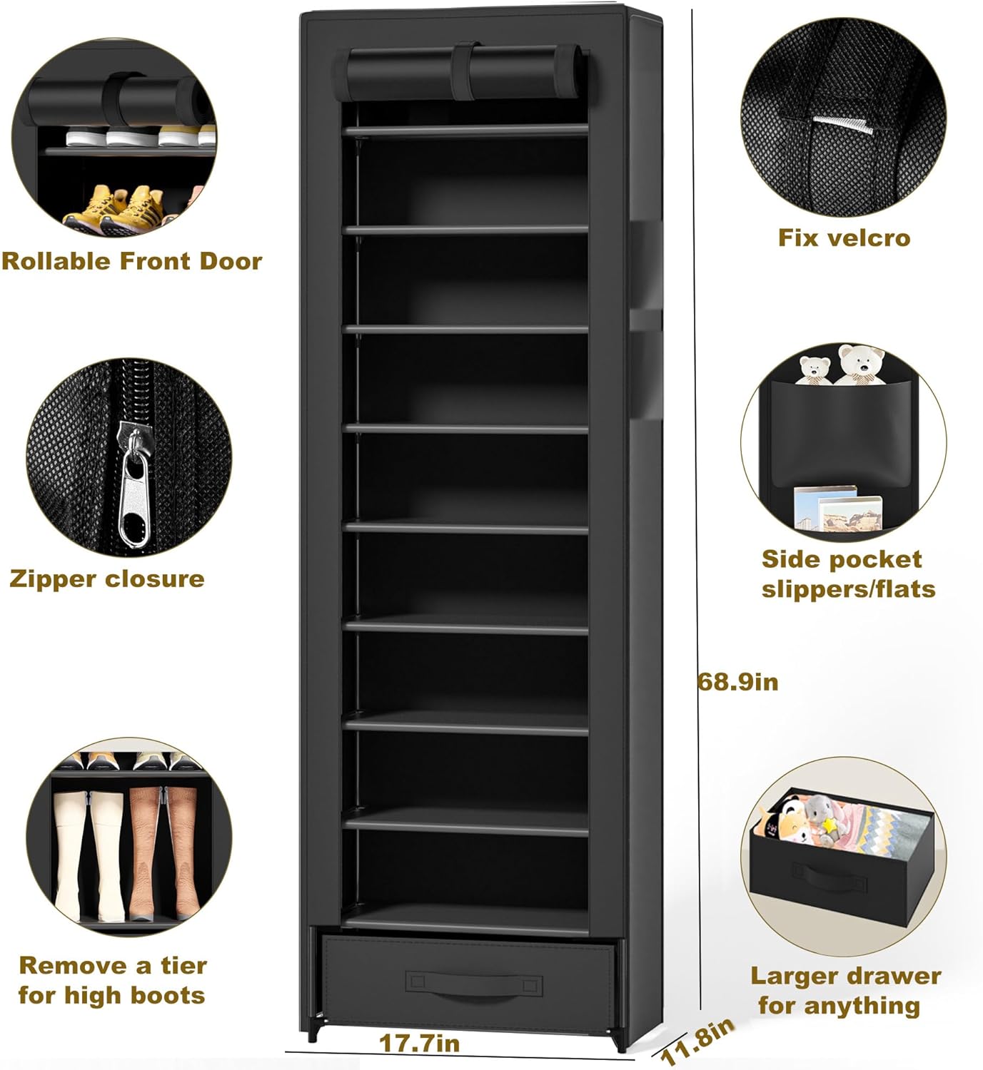 Shoes Rack 10 Tier Tall Shoe Rack Narrow Shoe Rack with Storage Box,Fabric Covered Metal Shoe Rack Organizer for Closets