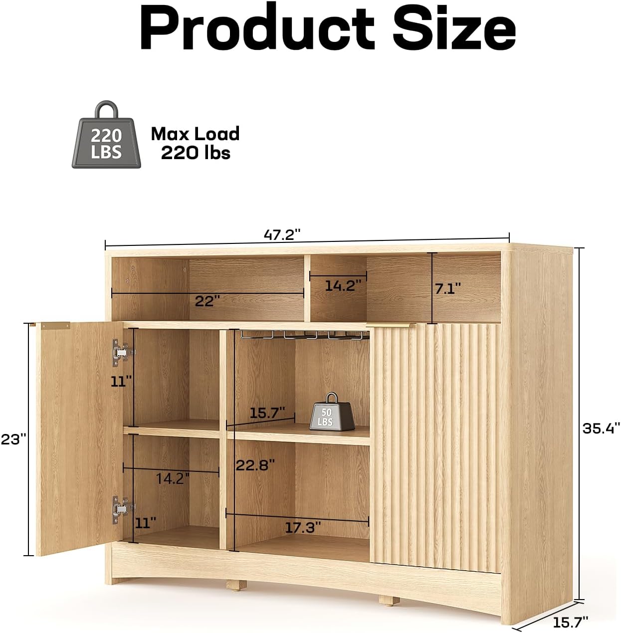 Marsail 47.2" Bar Cabinets with Storage, Modern Buffet Cabinet, Large Sideboard with 2 Fluted Panel Doors, Coffee Bar Cabinet with Adjustable Shelf and Glass Rack for Kitchen, Living Room, Natural Oak