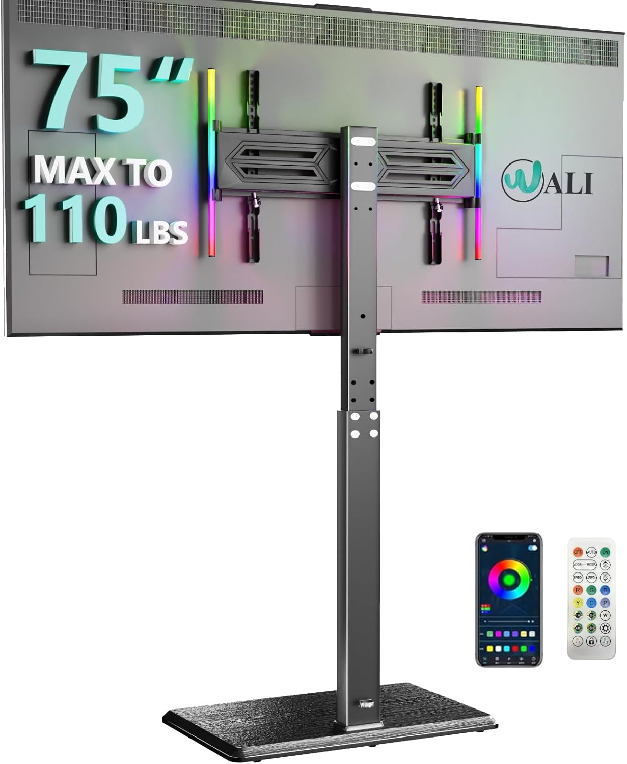 WALI Floor TV Stand with LED Lights, Tall TV Stand Mount for 32-75 inch TV up to 110 lbs, Swivel and Height Adjustable TV Stands with Wood Base for Bedroom, Office(TVDVD-7L), Black