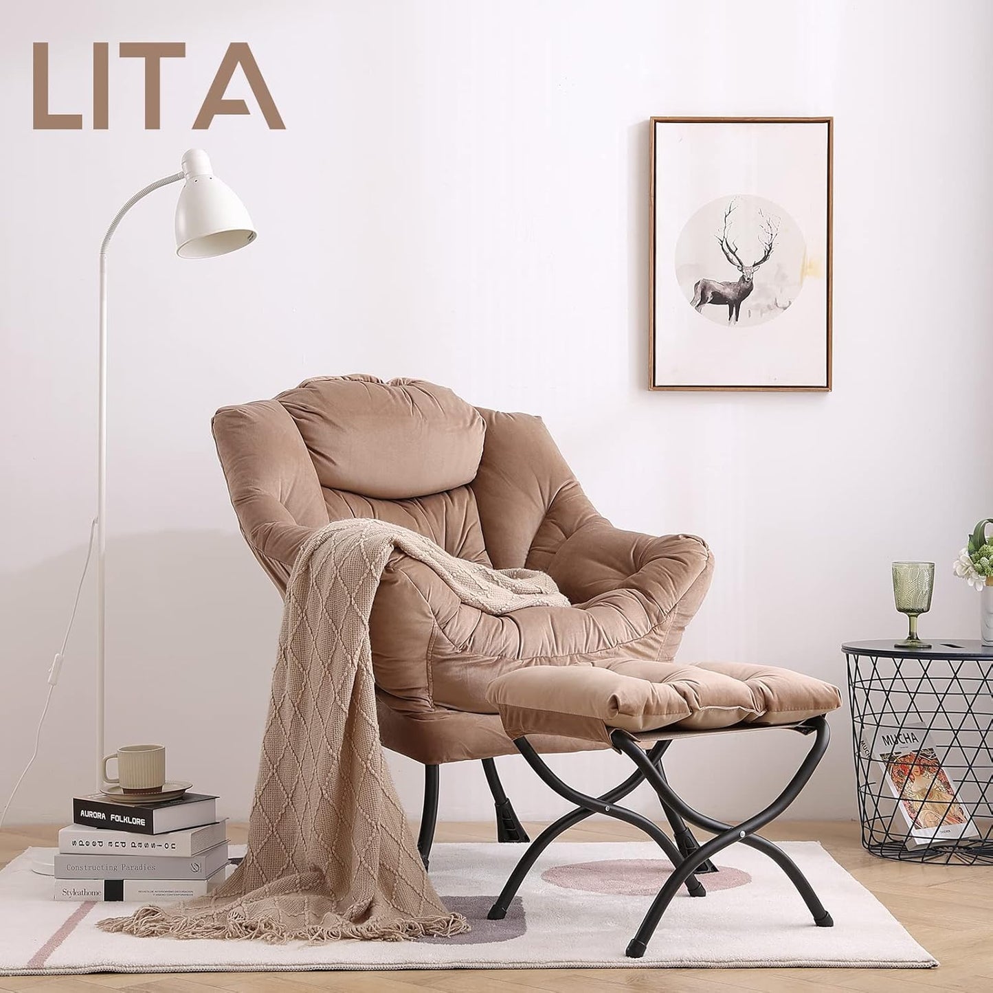 LITA Velvet Dark Brown Contemporary Accent Leisure Upholstered Sofa Chair with Ottoman, Modern Lounge Reading Chair for Living Room, Bedroom & Small Space