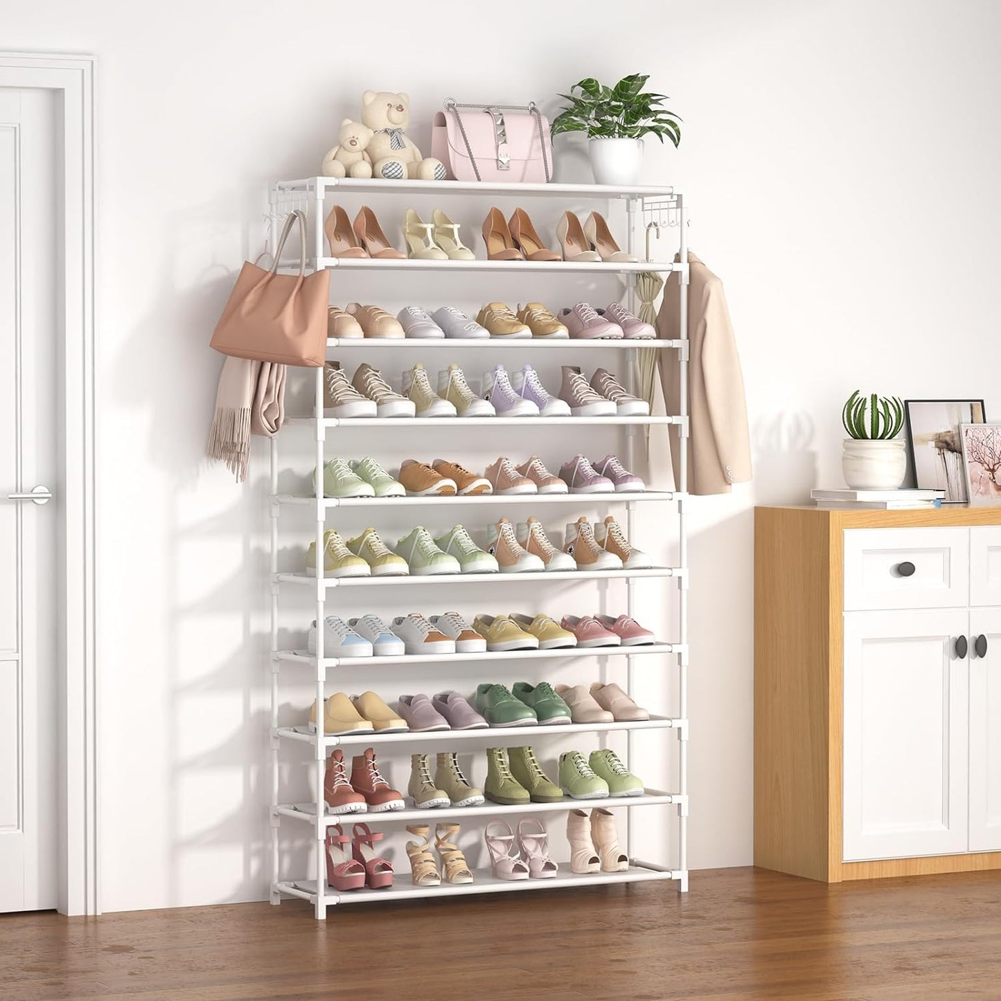 10 Tiers Shoe Rack 50 Pairs Large Capacity Tall Shoe Organizer Sturdy Shoe Storage with Two Hooks Space Saving Metal Wide Shoe Rack for Closet, Entryway, Bedroom, White