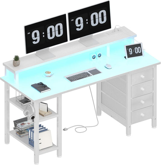 Lufeiya White Desk with Drawers Storage - 47 inch Home Office Computer Gaming Desks with Monitor Stand LED Lights and Power Outlets, White