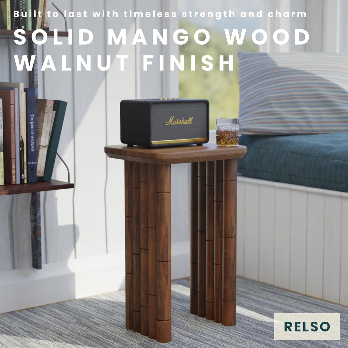 Bambos End Table - Solid Mango Wood Side Table with Bamboo-Inspired Legs | Handcrafted Accent Table for Living Room, Bedroom, Entryway | Easy Assembly, Sturdy, Compact & Durable Design | Walnut Finish