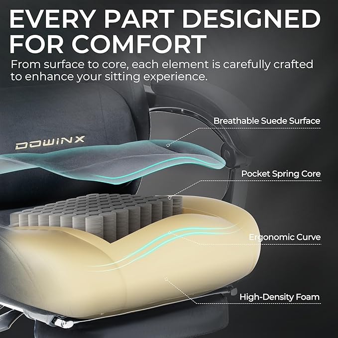 Dowinx Big and Tall Gaming Chair, Suede Fabric Game Chair with Pocket Spring Cushion, High Back Gamer Chair Ergonomic with Footrest for Adults Office, 440LBS, Grey