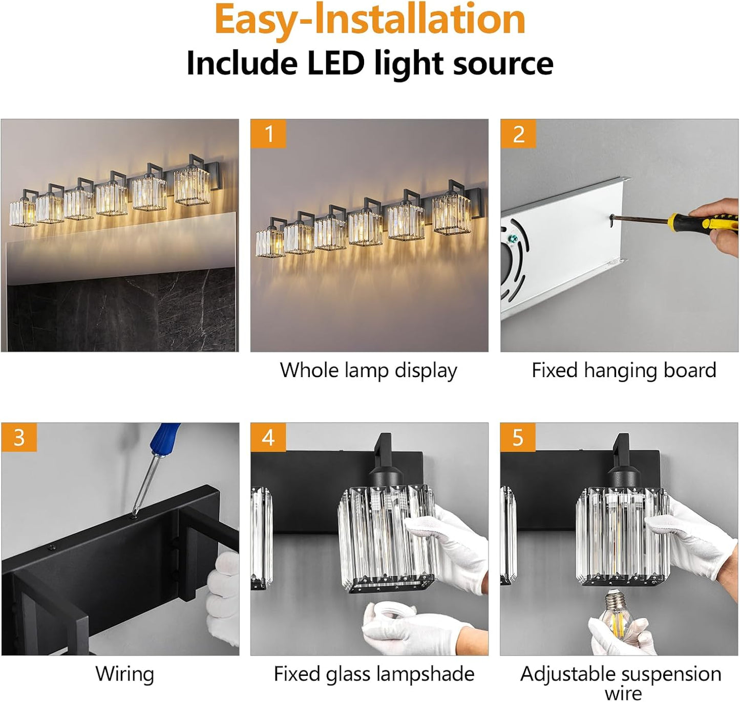 Modern Crystal Bathroom Vanity Light 6-Lights Black Modern Crystal Wall Lamp Bathroom Modern Crystal Vanity Lighting