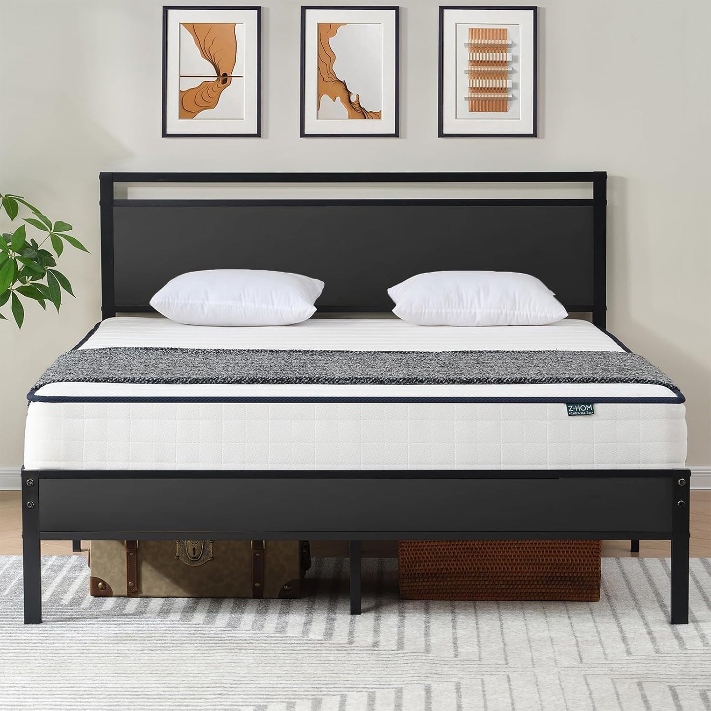 Z-hom Upgraded King Size Bed Frame, Heavy Duty Metal Sturdy King Bed Frame with Modern Wood Headboard & Footboard, Stable Platform Bed Furniture Bed Storage, No Noise, No Box Springs, Black