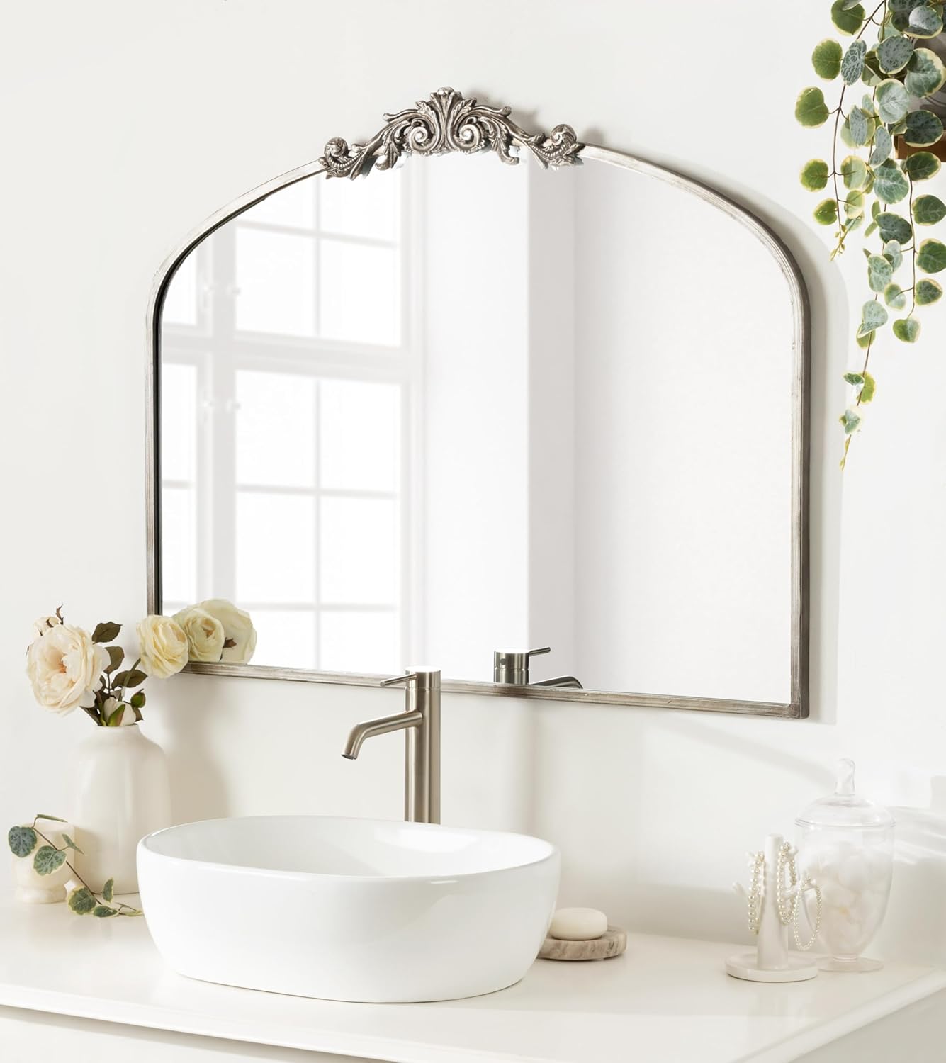 Kate and Laurel Arendahl Ornate Traditional Arched Mirror; 36 x 29; Silver; Decorative Baroque Style Arched Wall Mirror with Wide Frame and Ornamental Crown