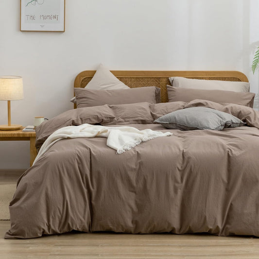BESTOUCH Duvet Cover Set 100% Washed Cotton Linen Feel Super Soft Comfortable Chic Lightweight 3 PCs Home Bedding Set Solid Pine Bark Brown Full/Double