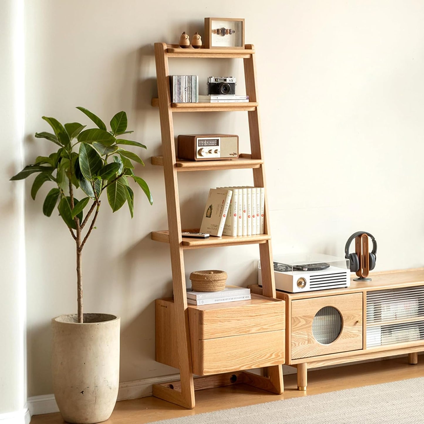 100% Solid Wood 5 Tier Ladder Shelf, Narrow Ladder Bookshelf with Drawers, 63.78" Tall Wood Bookcase Storage Rack Organizer, Freestanding Storage Shelve for Living Room Bedroom