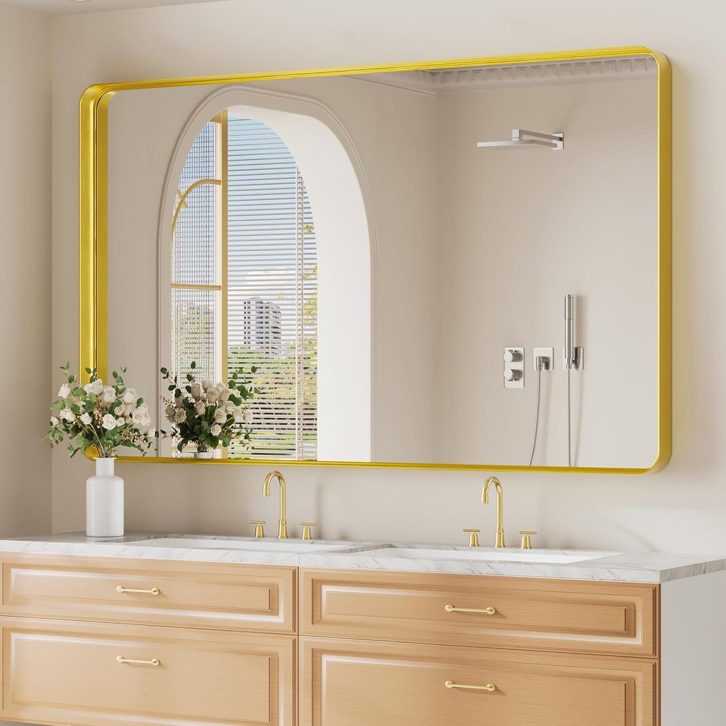 Koonmi Gold Wall Mirror for Bathroom, 36x60 Inch Matte Deep Framed Rounded Rectangle Vanity Mirror for Farmhouse Living Room, Tempered Glass, Anti-Rust, Vertically or Horizontally