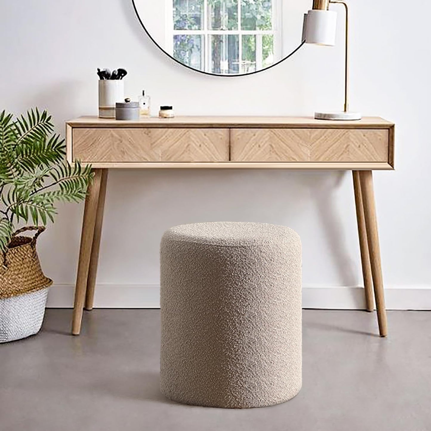 Get Set Style Modern Round Ottoman with Soft Padded Seat, Vanity Stool for Makeup, Upholstered Footrest Stool Ottoman Foot Stool for Living Room, Bedroom，White
