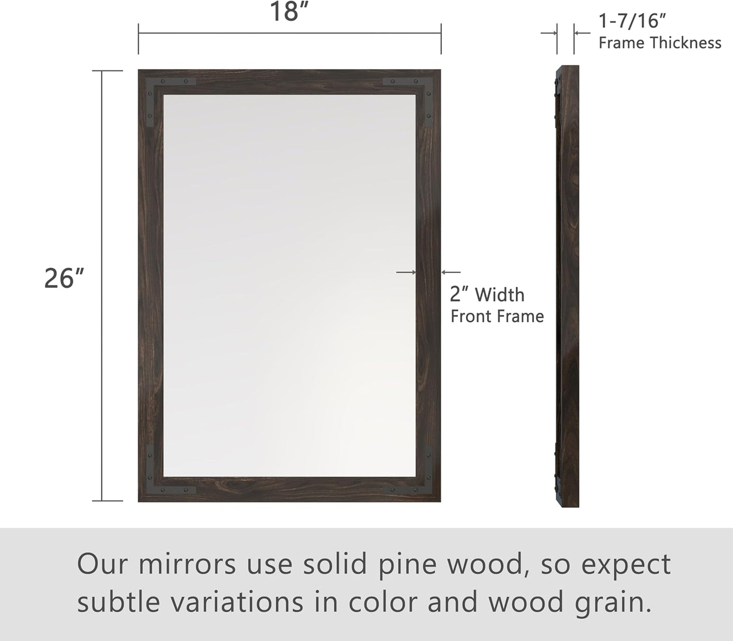 VocalStar Black Wood Framed Mirror 18 x 26 Inch, Rustic Natural Black Wooden Rectangle Bathroom Vanity Wall Mirror for Farmhouse Boho Decor, 1/4-inch Shatterproof Glass | Waterproof