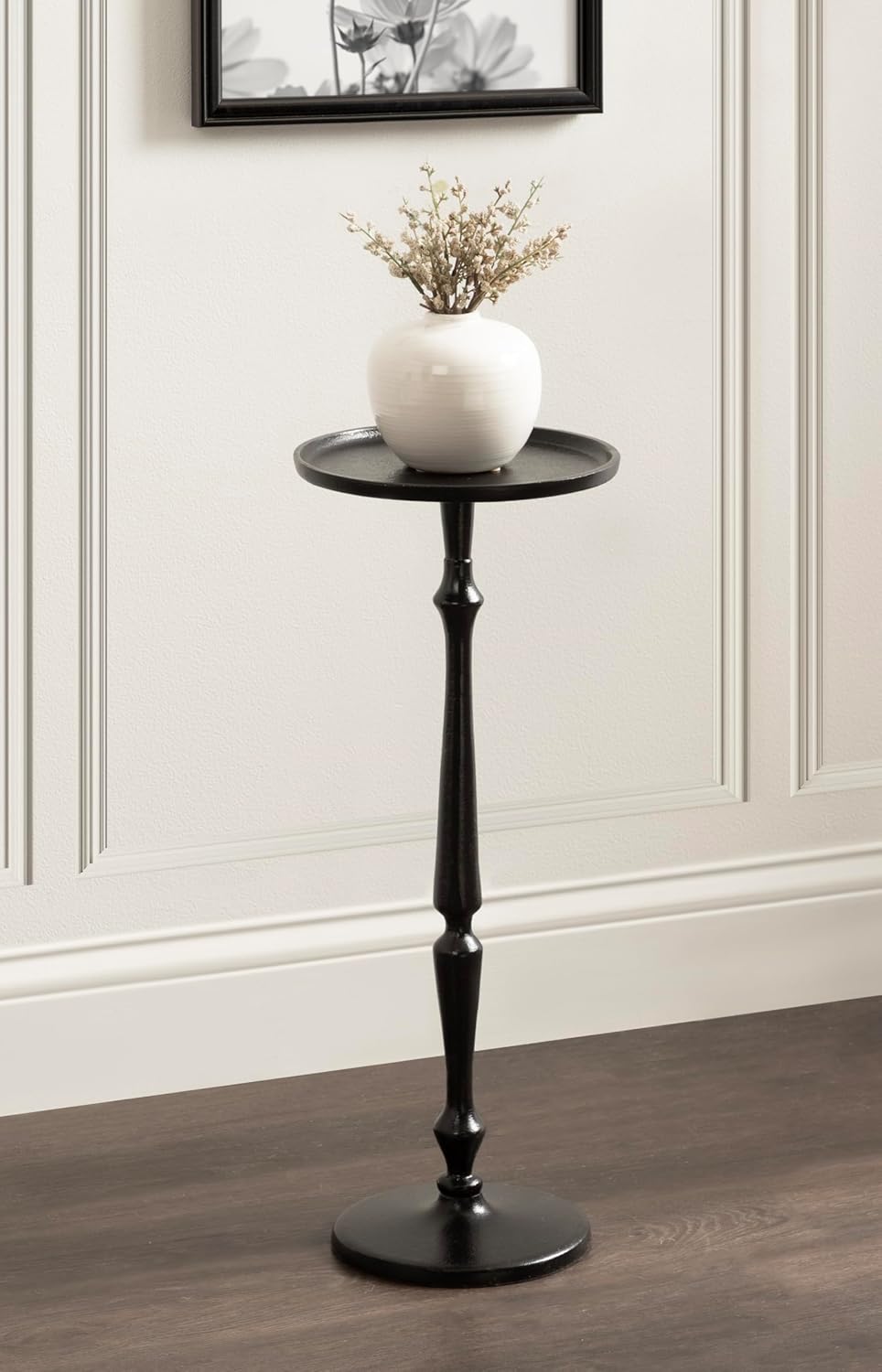 Kate and Laurel Carling Traditional Metal Round Drink Table, 9 x 9 x 22, Black, Vintage Cast Aluminum Accent Table with Unique Spindle Design for Use as Indoor Plant Stand or Living Room Decor Piece