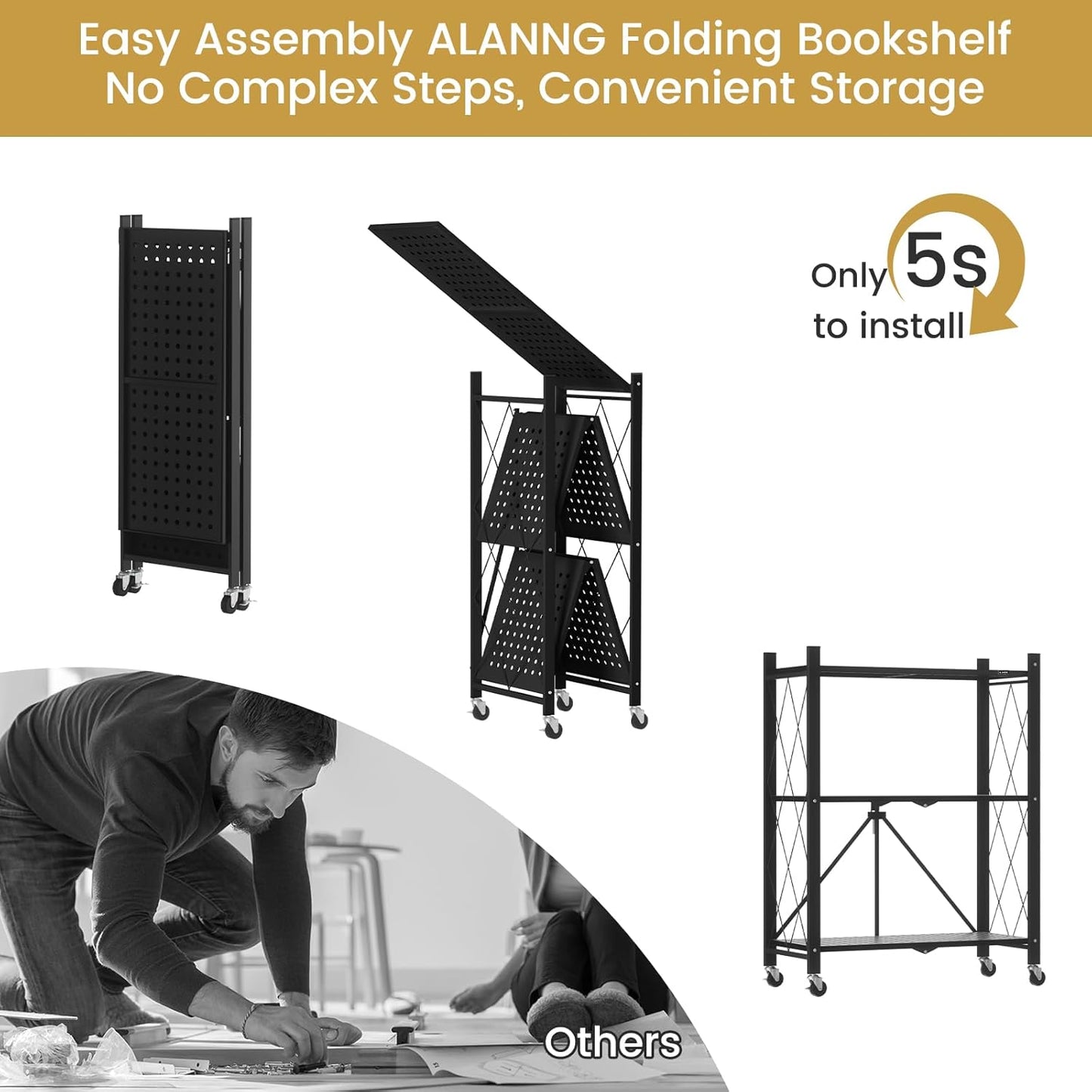 ALANNG Storage Shelves with Wheels, Bookshelf with Storage, No Assembly Metal Rack Cart for Kitchen, Office, Laundry, Garage (3 Tier, Black)