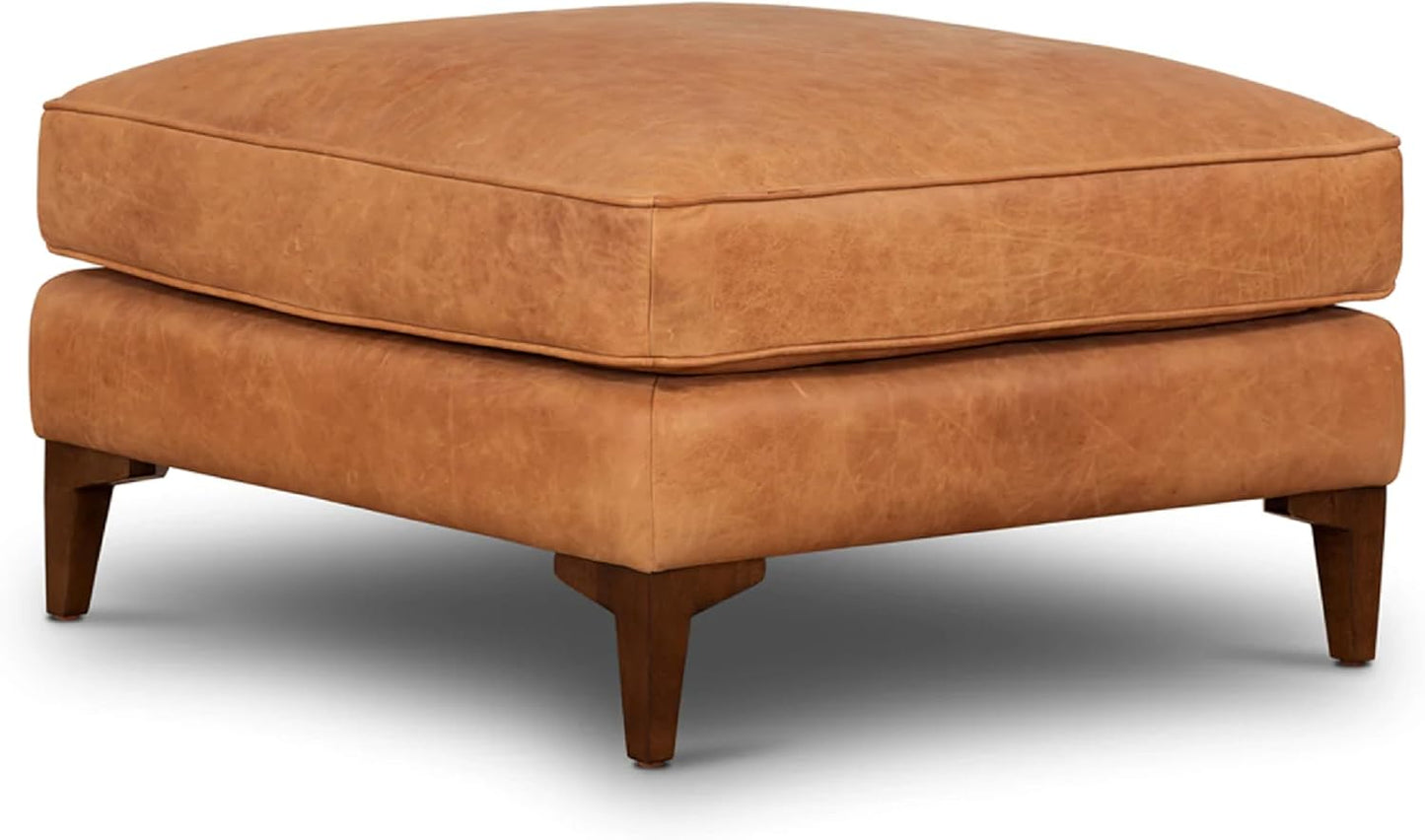 POLY & BARK Essex Ottoman - 35” Large with Feather-Down Topper - Full-Grain Leather Upholstered Ottoman - Couch for Living Room - Vintage Italian Leather in Cognac Tan