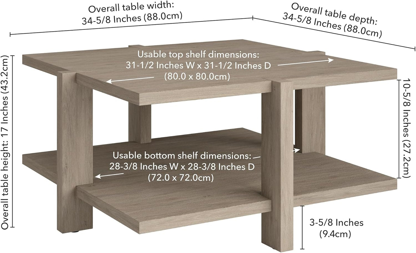 Henn&Hart 35" Wide Square Coffee Table in Antiqued Gray Oak, for Home, Living Room, Bedroom, Entertainment Room, Office