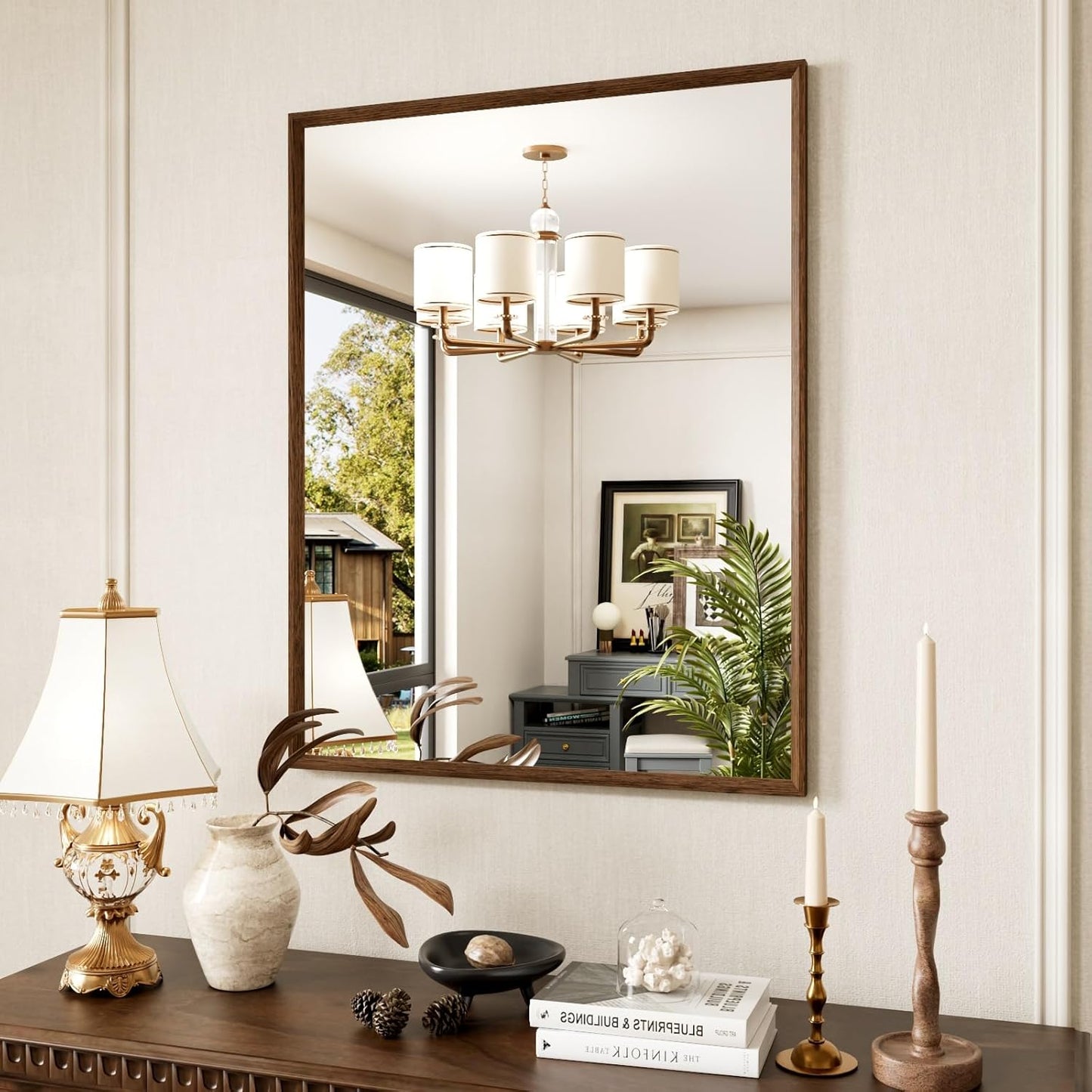 Rectangle Walnut Bathroom Mirror 28x36 Inch, Anti-Rust 4MM Tempered Glass, Modern Vanity Mirror for Bathroom, Horizontal or Vertical Wall Mount