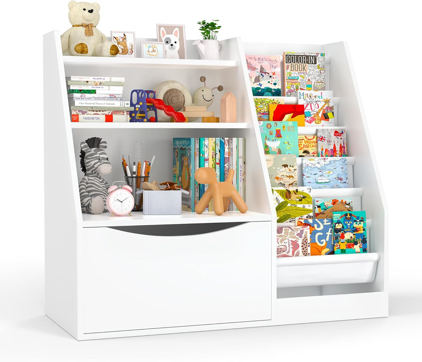 TOETOL Kids Bookshelf & Book Storage,3 Tier Wooden Toddler Bookshelf for Children,Nursery Book Shelves with 6 Sling,Organizer & Book Shelf for Kids Rooms,Bedroom,Playroom White