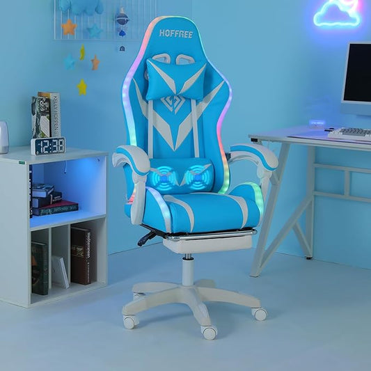 HOFFREE RGB Gaming Chair with Bluetooth Speakers and Massage (White+Blue)