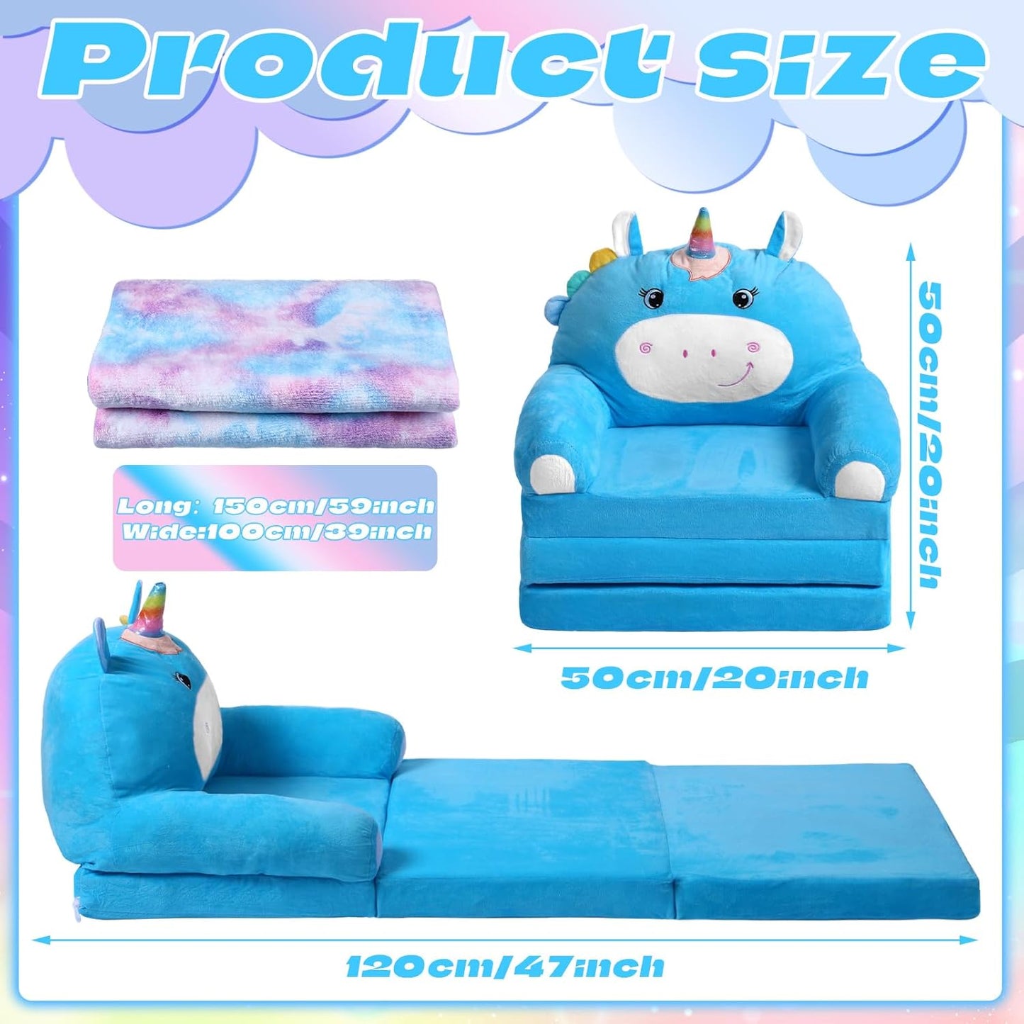 Unicorn Kids Couch Fold Out 2-in-1 Toddler Sofa Fold Out with Blanket, Soft Toddler Chair Comfy for Boys Girls Baby, Convertible Sofa to Lounger for Napping Reading Playing Christmas, Blue