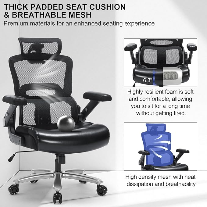 500lbs Big and Tall Ergonomic Office Chair,3D Headrest and Armrests Big Executive Chair,Adjustable Lumbar Support,Thickened Seat Cushion,360° Silent Rolling Wheels,Perfect for Home Office,Gaming Room