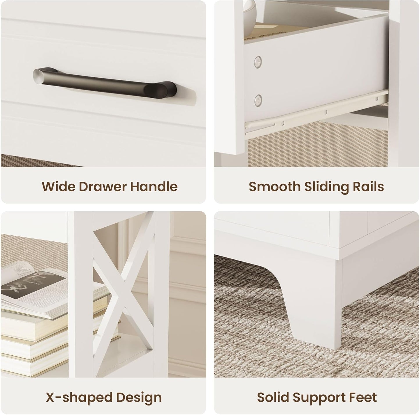 Tall Nightstand Set of 2 Side Table with 2 Drawers Modern Night Stand Wooden End Table Bedside Table with Below Open Shelf Solid Feet for Bedroom, Living Room, White