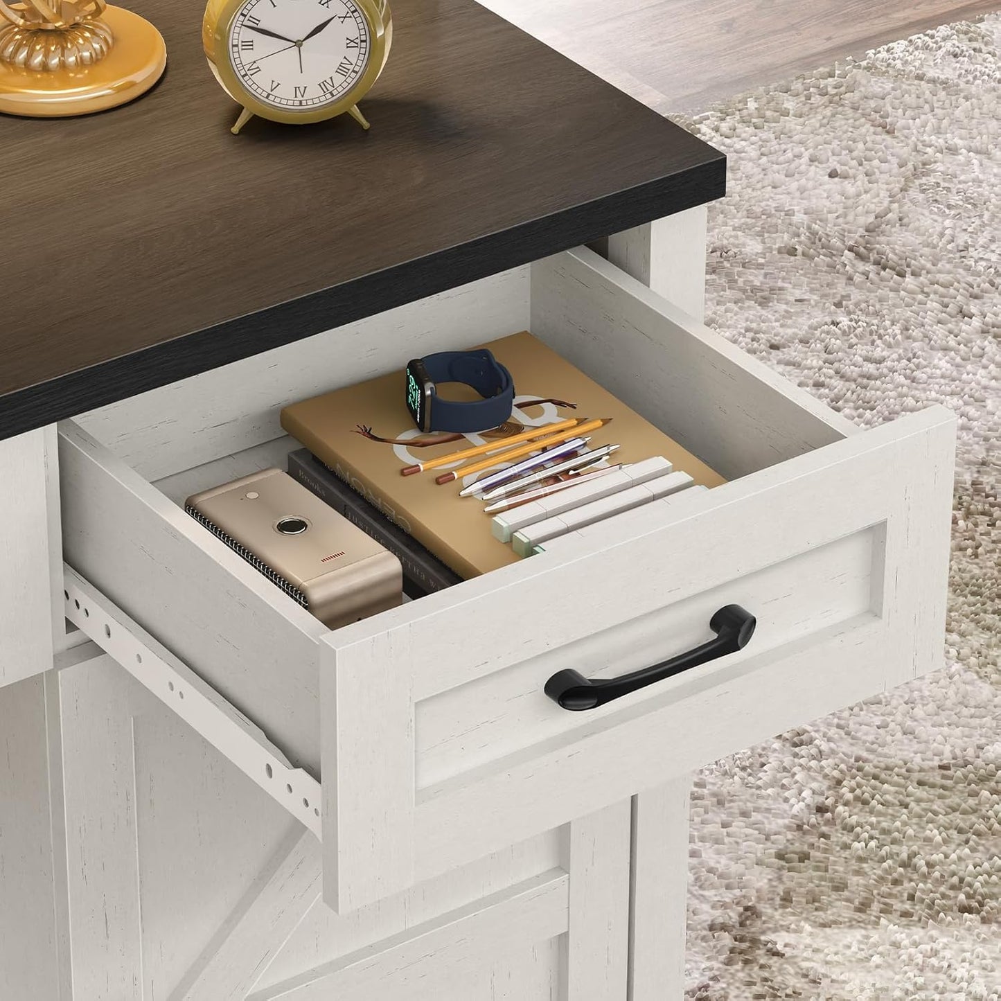 67''H Farmhouse Executive Desk with Hutch & 5 Drawers, Rustic Office Desks Computer Desks with Charging Station, File Drawers and Storage Cabinets, Wood Workspace for Home Office & Study,Black.