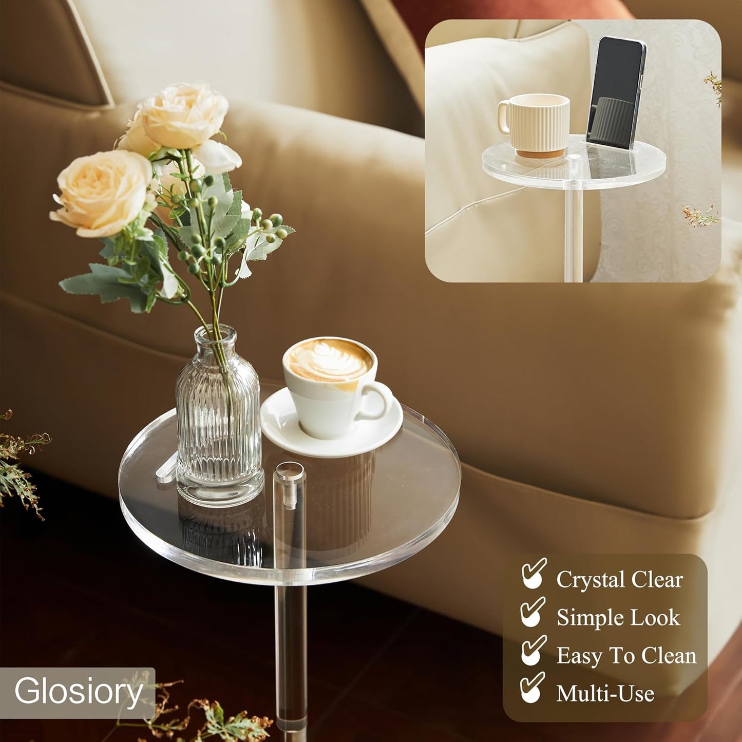 Acrylic Drink Table, Small Round Side Table for Small Space, Pedestal End Tables with Phone Holder, Multi-Use Modern Accent Tables, Martini/Cocktail Table for Living Room 10"X21" Easy Assembly
